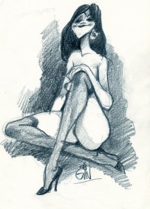 Ilustración de una mujer posando para el artista